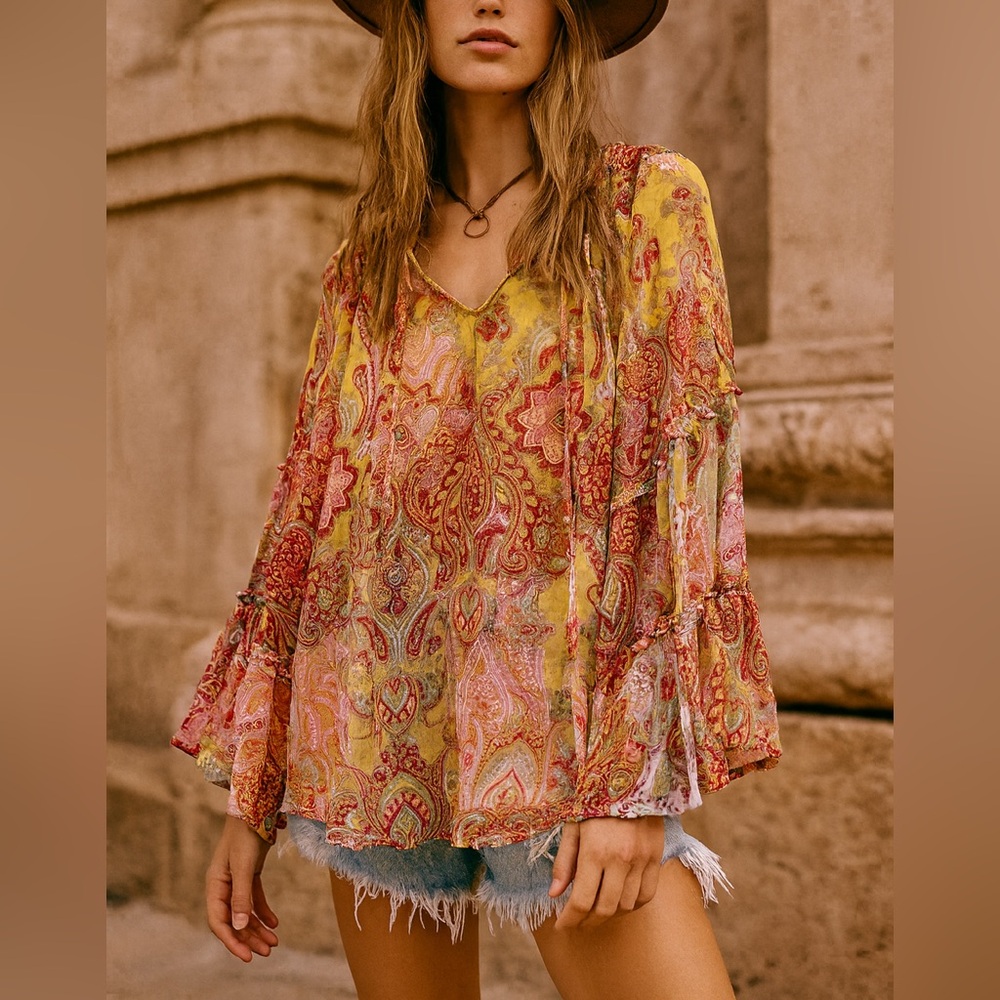 Anthropologie Fig and Flower Sheer Boho Floral Paisley Bell Sleeve Top – Size L